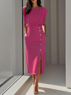Floralia - Plain midi dress with button slit and round neckline