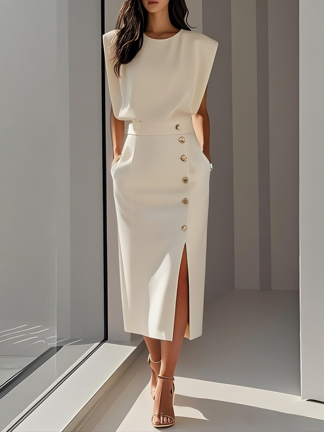 Floralia - Plain midi dress with button slit and round neckline