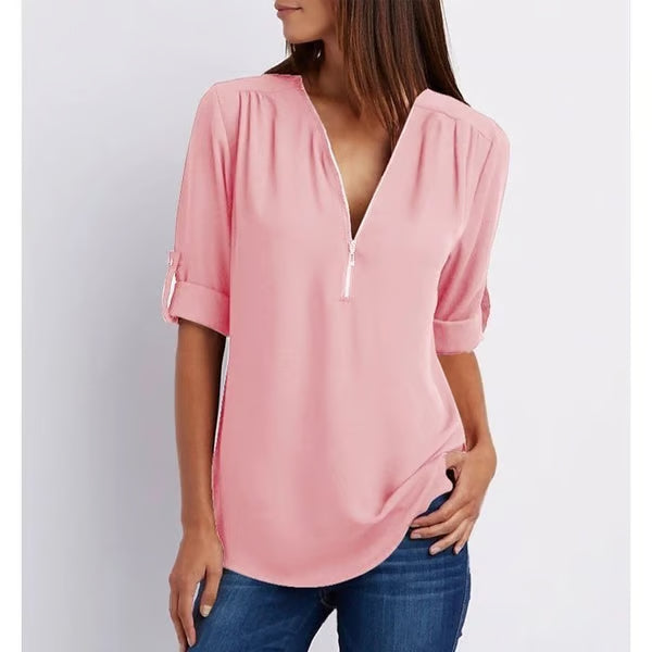 Quelina - Loose-Fitting 3/4 Sleeve Zip-Up Blouse