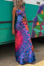 Junaria - Tie-dye print maxi dress with lace-up back, stretchy (with built-in bra)