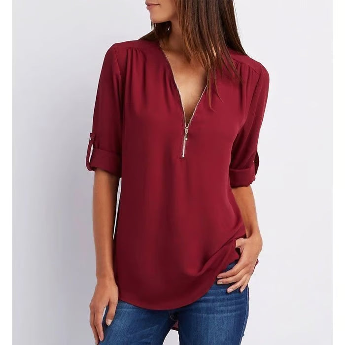 Quelina - Loose-Fitting 3/4 Sleeve Zip-Up Blouse