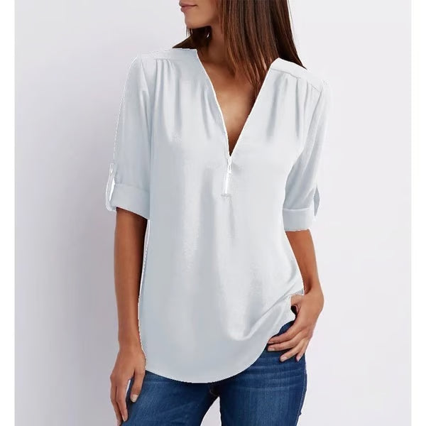 Quelina - Loose-Fitting 3/4 Sleeve Zip-Up Blouse