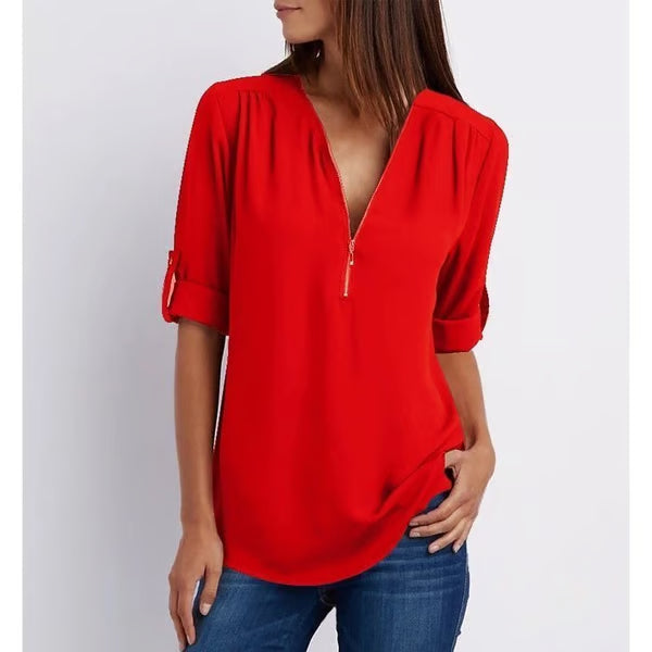 Quelina - Loose-Fitting 3/4 Sleeve Zip-Up Blouse