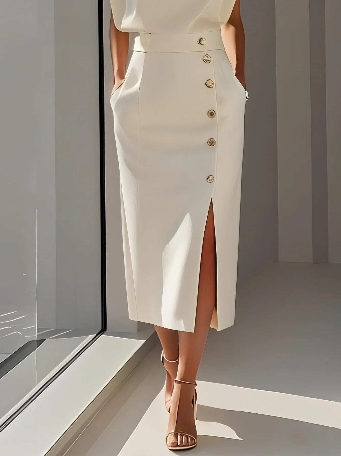 Floralia - Plain midi dress with button slit and round neckline