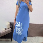 Delara - Letter Print Dress with Round Neck and Slit at Pockets