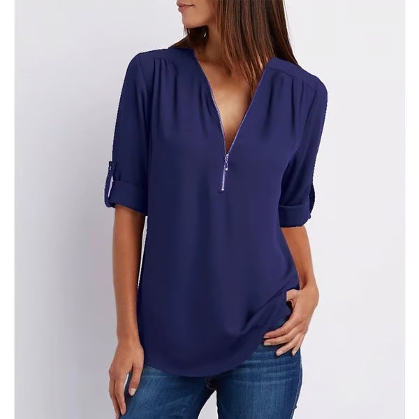 Quelina - Loose-Fitting 3/4 Sleeve Zip-Up Blouse