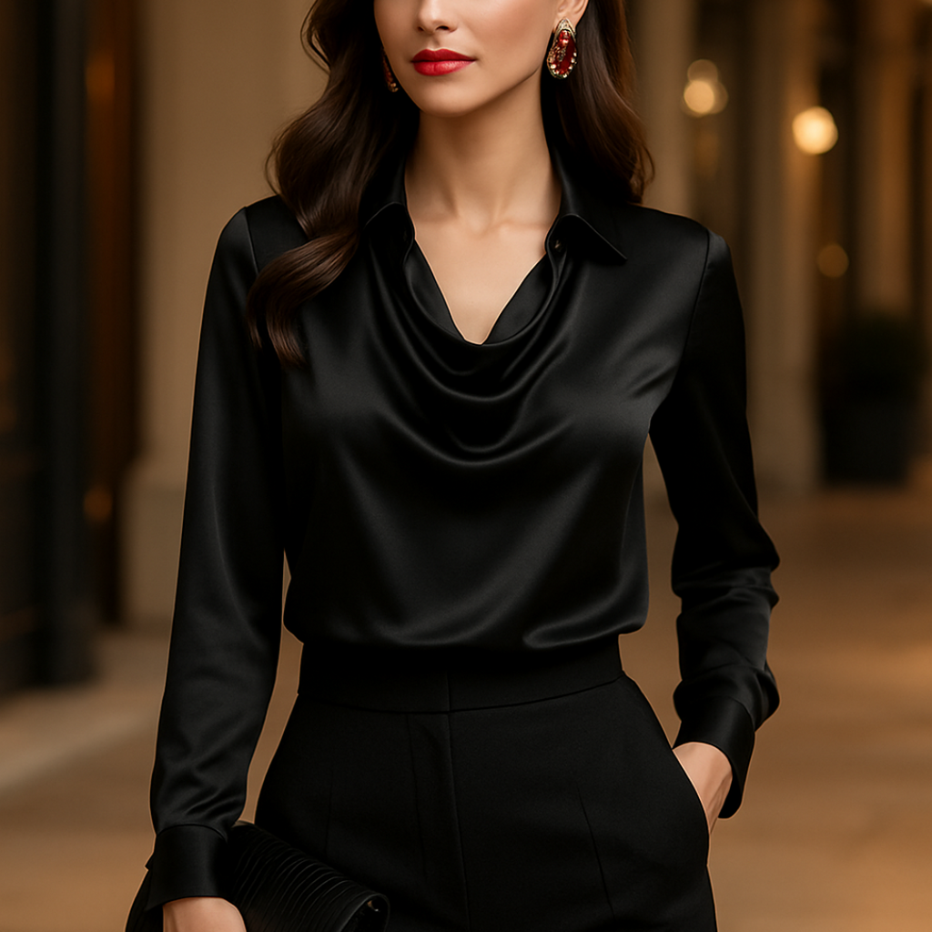 Laureline - Shiny Blouse with Pleated Collar - Chic &amp; Timeless