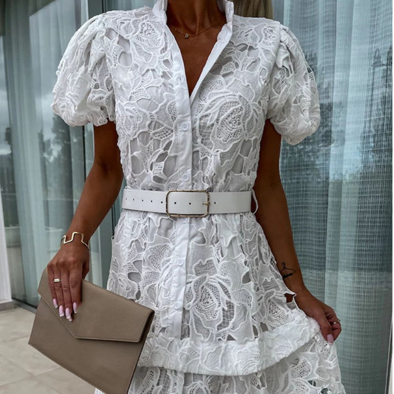 Layla - Women's Retro Lace Dress with Short Sleeves and Cutouts