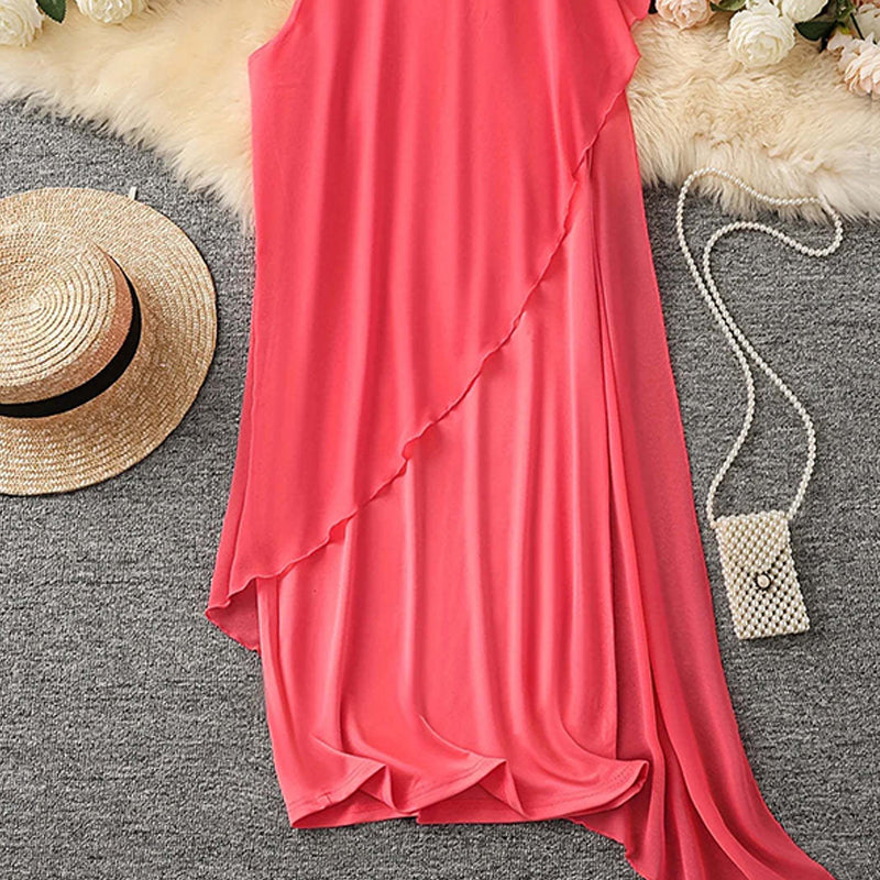 Sorayae - Sleeveless Asymmetrical Mesh Dress